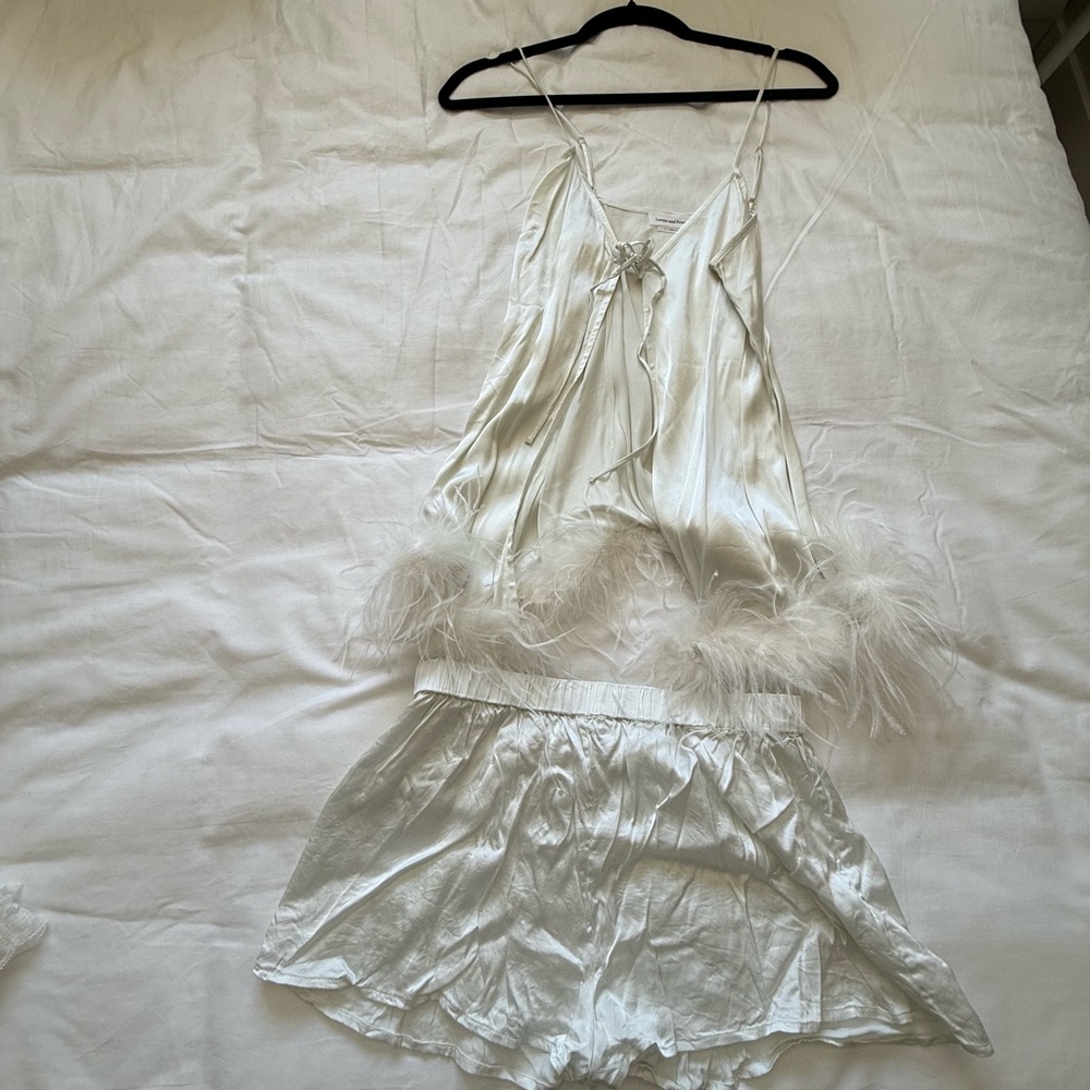 Lovers + Friends White Feather Trim Pajama Set Bridal